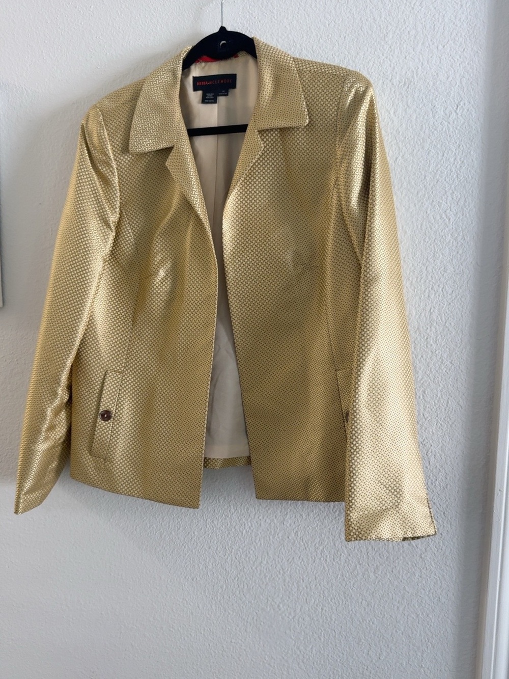 Nina McLemore Gold Metallic Textured Blazer Jacket Size 14 Silk Lined